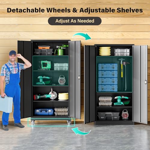 Metal Storage Cabinet with Wheels (75"H x 31.5"W x 16"D / Black)