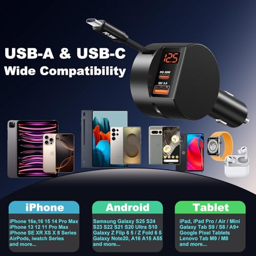 78W 3 Port Car Charger with Retractable USB (Black - 1Pack)