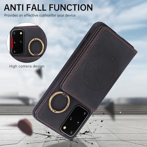 Compatible with Samsung Galaxy S20 Plus S20+ 5G Wallet Case Screen Protector Crossbody Shoulder Strap Ring Buckle Stand Card Holder Magnetic Car Mount Phone Cover for S20+5G S20plus Women Men Black (Black / for S20 Plus)