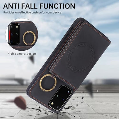 Compatible with Samsung Galaxy S20 Plus S20+ 5G Wallet Case Screen Protector Crossbody Shoulder Strap Ring Buckle Stand Card Holder Magnetic Car Mount Phone Cover for S20+5G S20plus Women Men Black (Black / for S20 Plus)