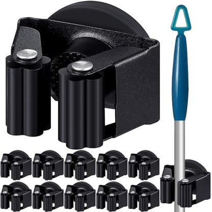 10 Pcs Magnetic Broom Holder Wall Mounted Anti Slip Rack (Black)