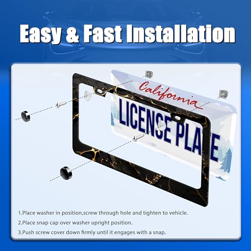 Marble Print License Plate Frame Stainless Steel Car Accessory 6.3x12.3Inch (Black Gold Marble Pattern)
