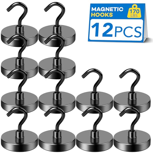 Magnetic Hooks for Cruise Cabins 170LBS Heavy Duty Magnet Hook 12P (Black / 1.41in)