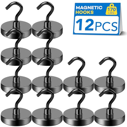 Magnetic Hooks for Cruise Cabins 170LBS Heavy Duty Magnet Hook 12P (Black / 1.41in)
