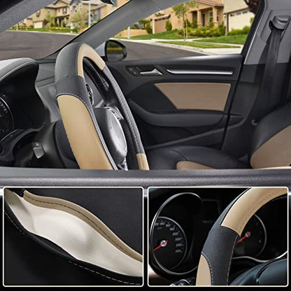 Car Steering Wheel Cover for Prius Civic Model 3 (Small size[14''-14 1/4''] / Black and Beige)