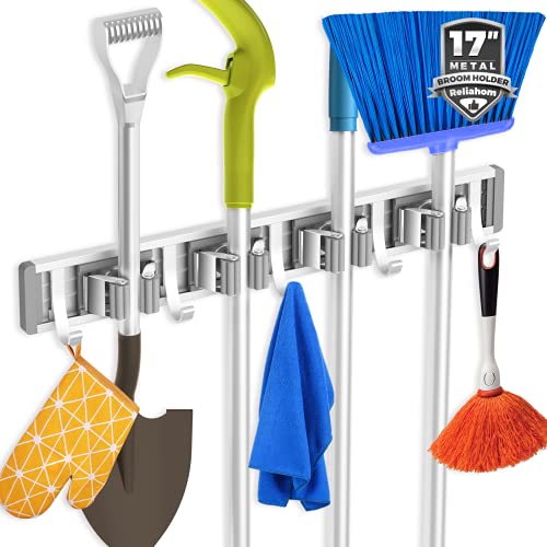 Broom Holder Wall Mount Mop Hanger Tools organizer 4Racks 5Hooks (Silver)