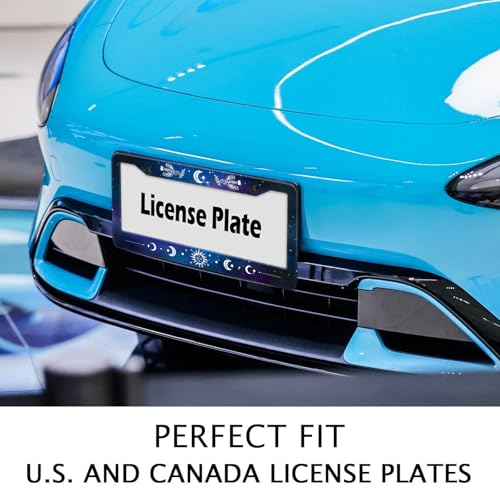 Galaxy License Plate Frame Sun Doves Moon Phase Blue Starry Sky Night Car Tag Holders Cover Metal Aluminum Rustproof Star Car Accessories for Women with Screw Caps (Starry Sky Sun Moon)