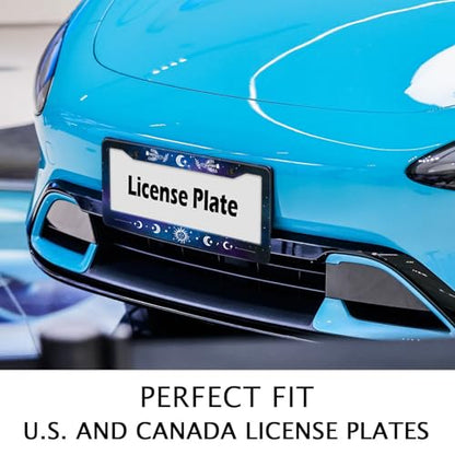 Galaxy License Plate Frame Sun Doves Moon Phase Blue Starry Sky Night Car Tag Holders Cover Metal Aluminum Rustproof Star Car Accessories for Women with Screw Caps (Starry Sky Sun Moon)