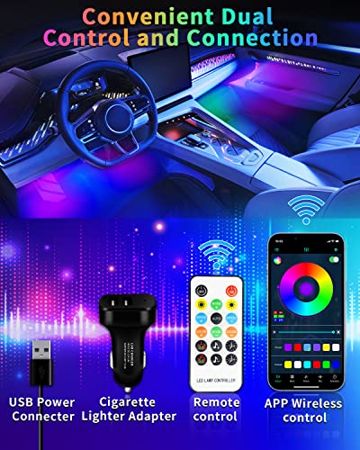 RGB LED Strip Lights for Car App Control with Remote Led Lights car Interior with Charger Music Sync Under Dash Footwell Neon Lighting Kit w (4 IN 1 48SMD)