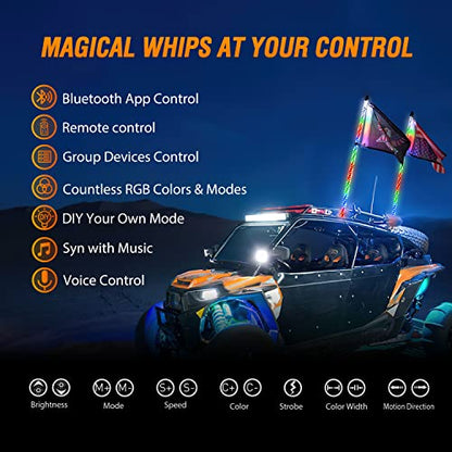 2PCS 6FT RGB LED Whip Lights APP & Remote Control (RGB-Quick Connect Base / 6FT -2PCS)