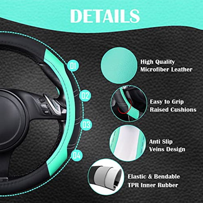 Line Rider Microfiber Leather Sporty Steering Wheel Cover Universal Fits for 95% Truck (Black＆Mint / Standard[14.5"-15"])