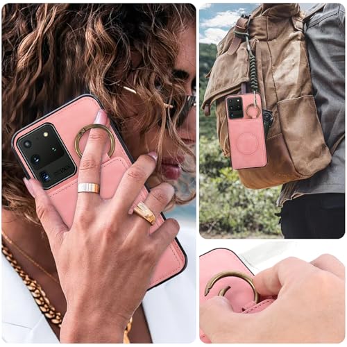 Compatible with Samsung Galaxy S20 Ultra 5G Wallet Case Screen Protector Crossbody Shoulder Strap Ring Buckle Stand Card Holder Magnetic Car Mount Phone Cover for S20ultra 20ultra G5 Women Men Pink (Rose Gold / for S20 Ultra)