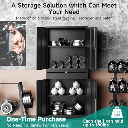 Metal Garage Storage Cabinet with Drawer and Lock (71"H x 31.5"W x 16"D / Black)
