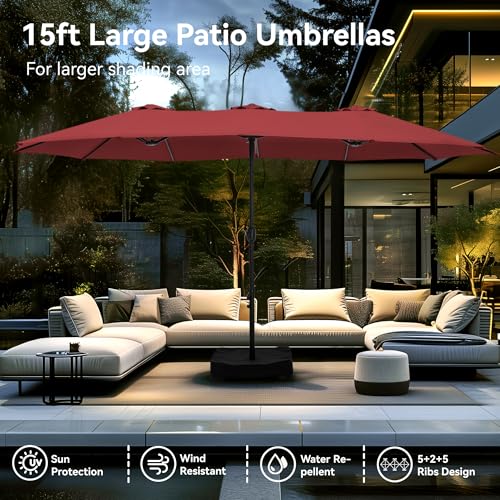15ft Large Outdoor Patio Umbrella with Base Included (Dark Red)