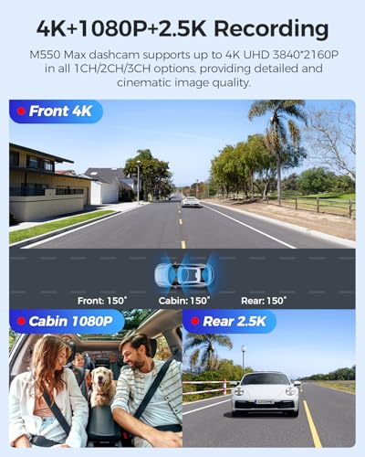 M550 Max 4K 3 Channel Dash Cam Front and Rear Inside (Black)