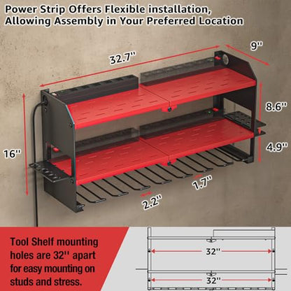 Power Tool Organizer with Charging Station Wall Mount (with Power Strip / Red)