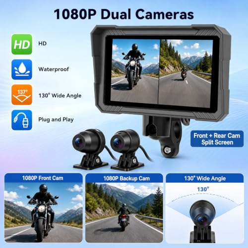 5" Motorcycle Carplay Screen with Dual Dash Cam