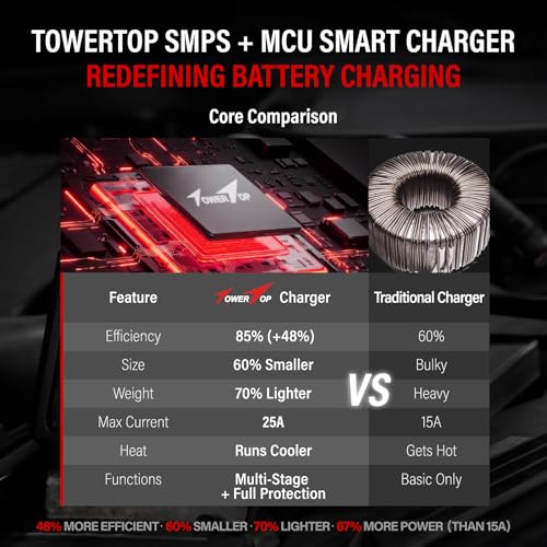 2/10/25 Amp 12V Smart Car Battery Charger, Fully Automatic Battery Maintainer with Engine Start, Auto Desulfator, Battery Repair, Winter Mode, for AGM, STD, Gel, Deep Cycle Batteries (25A)