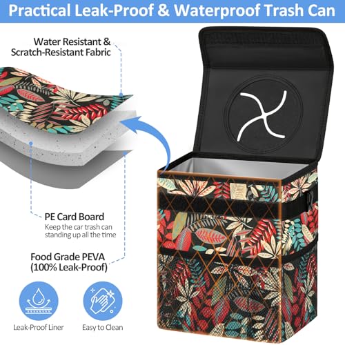 Leak Proof Car Trash Can with Lid Red Leaves (Red Leaves / 2 Gallons)