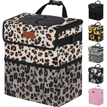 Car Trash Can with Lid Leak Proof Car Accessories for Women (2.2 Gallons / Leopard Pattern)