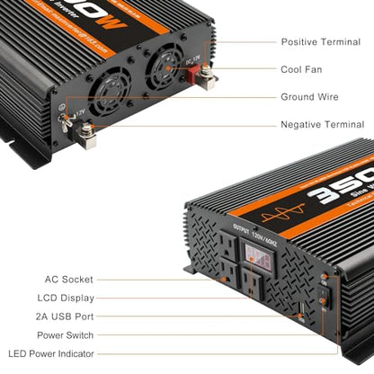 3500W Pure Sine Wave Inverter 12V to 120V with 4 Power Outlets for RV Solar Power (M-3500)