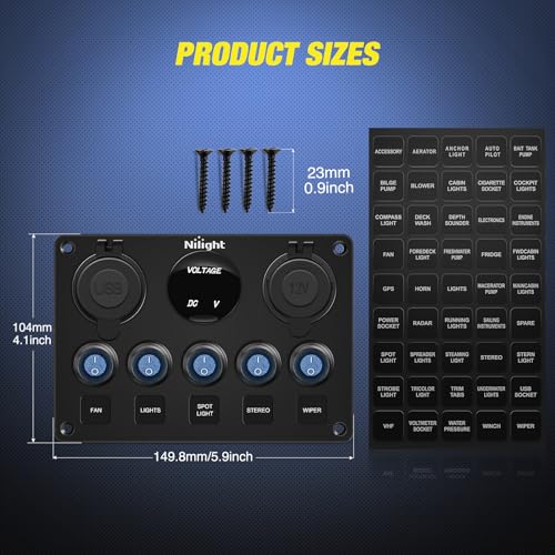 5 Gang Multi Function Switch Panel Waterproof Pre (Waterproof Type C + USB Blue)