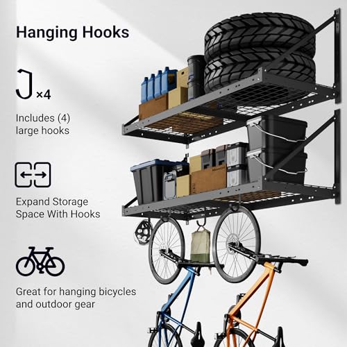 2 Pack 2x4 ft Garage Wall Shelving with 4 Hooks