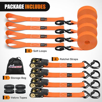 Ratchet Tie Down Straps 4500LBS Break Strength 1”×15’ Orange 4 Pack (1in x 15ft Ratchet Straps 4Pcs / Straps)