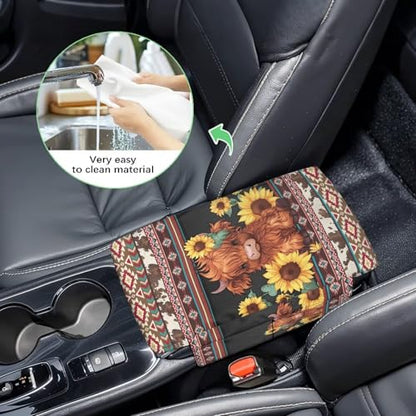 Aztec Highland Cow Sunflower Center Console Cover Non (Aztec Highland Cow Sunflower Claret)