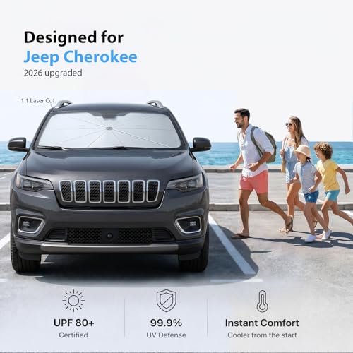 2026 Upgraded Windshield Sun Shade Umbrella for Jeep Cherokee [Precision Custom Fit (For Jeep Cherokee (2000-2001, 2014-2023))