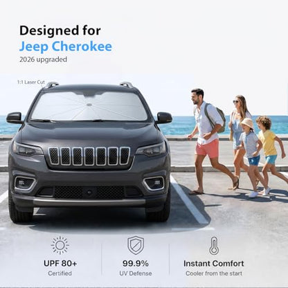 2026 Upgraded Windshield Sun Shade Umbrella for Jeep Cherokee [Precision Custom Fit (For Jeep Cherokee (2000-2001, 2014-2023))