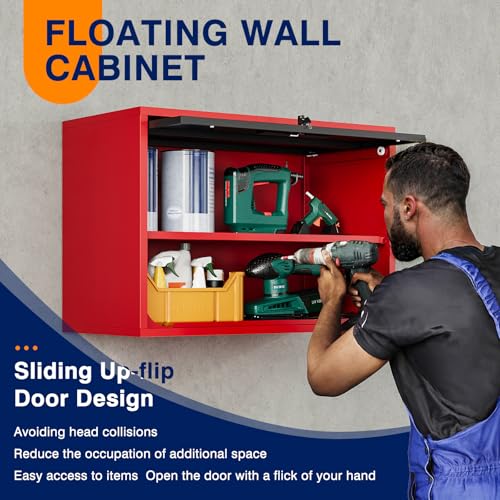 Metal Garage Wall Cabinet with Doors and Shelves (16"D x 32"W x 22"H / Red Black)
