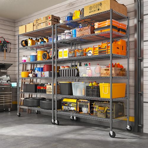Heavy Duty 6 Tier Rolling Storage Shelves with Wheels for Garage (82"H X 45"W X 18"D-Black)