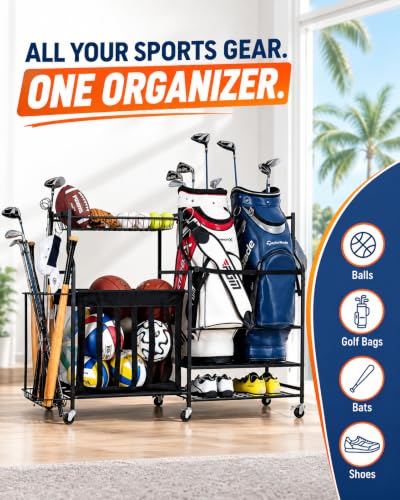Rolling Ball Storage Rack and Sports Equipment Organizer (Black, 56.2"Lx15.4"Wx37.2"H)