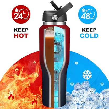 40oz Water Bottle Wide Mouth Stainless Steel Vacuum Insulated Double Wall with 2 Straw Lids Fit in Any Car Cup Holder (Carbon Red / 40 Ounces)