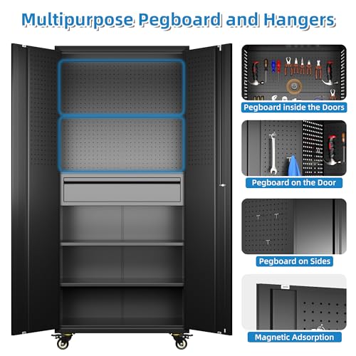71"H Garage Storage Cabinet with Wheels (Black / 15"D x 30"W x 71"H)