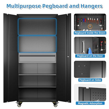 71"H Garage Storage Cabinet with Wheels (Black / 15"D x 30"W x 71"H)