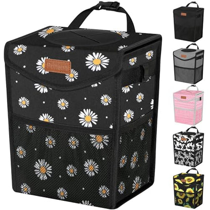 Car Trash Can with Lid Leakproof Car Garbage Bag Vehicle Trash Bin (2.8 Gallons / Black Flower)