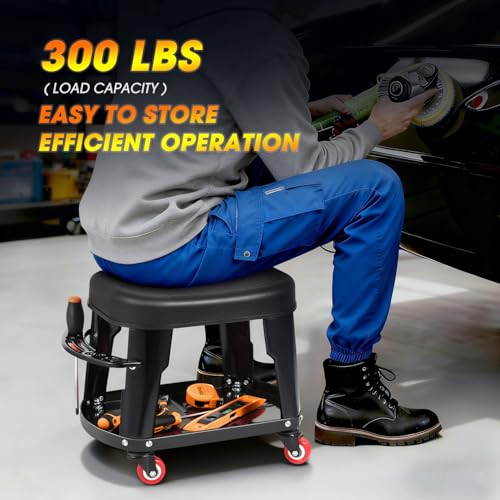TOOLS 00252 Removable Rolling Garage Stool with Seat Cushion & Tool Tray Plate (Black)