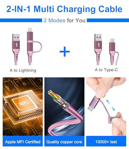 USB to USB C and Lightning Pink Car Charger Cable (Pink)