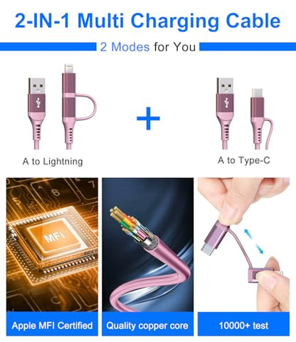 USB to USB C and Lightning Pink Car Charger Cable (Pink)