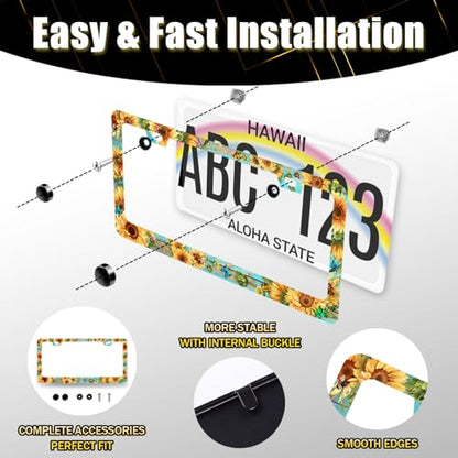 Butterfly Sunflower License Plate Frame Floral Flowers License Plate Holder (Sunflowers With Butterfly In Wood)