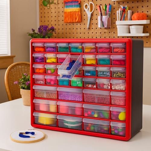 44 Drawer Plastic Storage Cabinet (Red / 44 Drawer / 1 Pack)
