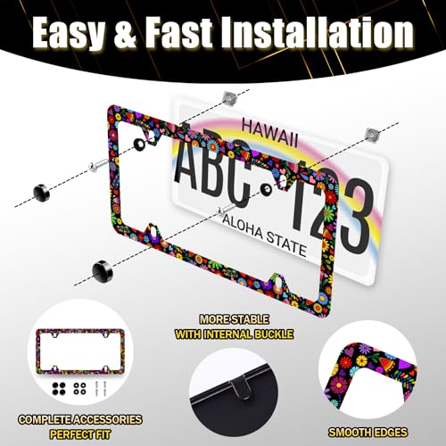 Stainless Steel Abstract Bright Flowers License Plate Frame 12.3X 6.3 Inch (Bright Colorful Flowers Art Floral)