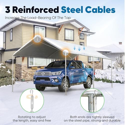 10x20 ft Heavy Duty Car Canopy Galvanized Frame Carport Outdoor Party Tent Boat Shelter with 3 Reinforced Steel Cables (Gainsboro / 10'x20')