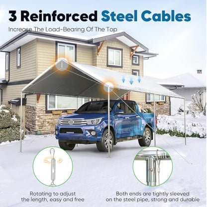 10x20 ft Heavy Duty Car Canopy Galvanized Frame Carport Outdoor Party Tent Boat Shelter with 3 Reinforced Steel Cables (Gainsboro / 10'x20')