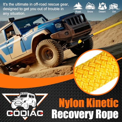 1" x20ft Kinetic Recovery Rope 33K lbs with 2 Soft Shackles Yellow (Yellow / 1"×20ft + 2 Soft Shackles)
