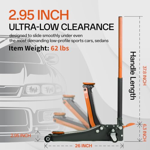 3-Ton (6600lbs) Low-Profile Dual Pistons Heavy-Duty Steel Racing Floor Jack with Quick Lift Hydraulic Pump, Foot Pedal and Magentic Pad for Car Maintenance (Red)