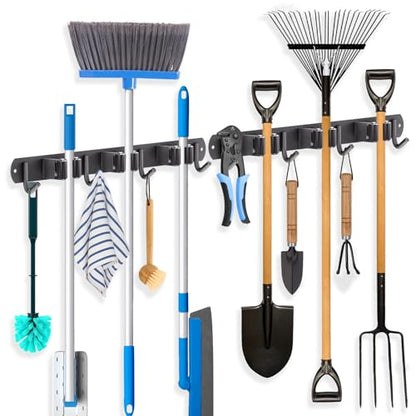 2 Pack Mop Broom Holder Wall Mount 3 Racks 4 Hooks Storage Black (2Pack 3R4H / Black)