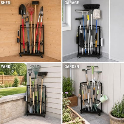 Garden Tool Organizer for Garage Corner (Triangel-Wheels-Black)